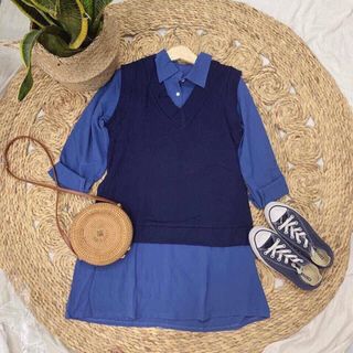 Set đầm sơ mi kèm khoát gile len cộc tay xanh dương MÃ SETDMTGGILE1710