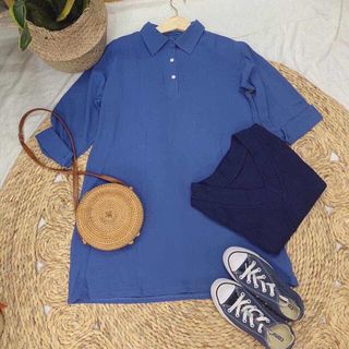 Set đầm sơ mi kèm khoát gile len cộc tay xanh dương MÃ SETDMTGGILE1710