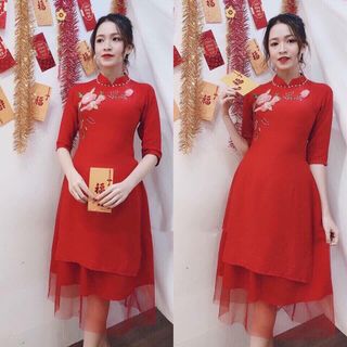 set áo dài thêu hoa nổi