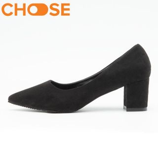 Giày Mọi Nữ Cao Gót Màu Đỏ Đen Mũi Nhọn Gót Vuông 7cm Da Lộn 1007