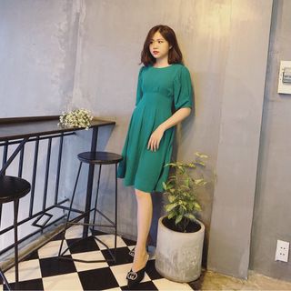 Đầm tay phồng xanh vàng