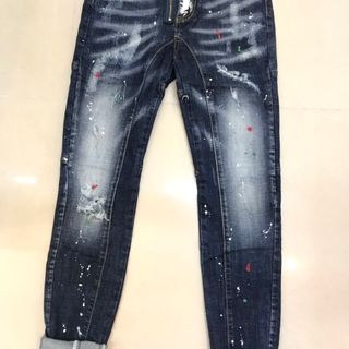Quần jean nam xanh đậm wax bạc xước họa tiết bụi sơn màu QJ0003