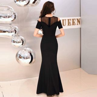 Đầm Dạ Hội Đen Sang Trọng Hở Vai Lưới Đính Hạt Lấp Lánh