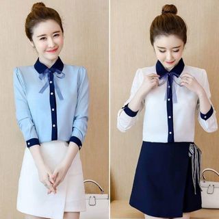 Áo Sơ Mi Công Sở Viền Cổ Kèm Nơ