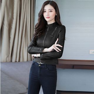Áo Khoác Da Nữ Phối Túi