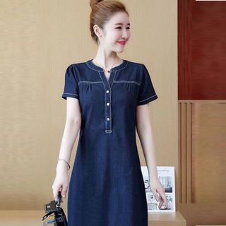 Đầm Jean Suông Cổ V Vai Nhúng Đơn Giản