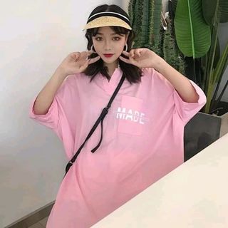 áo thun form dài giấu quần túi in chữ