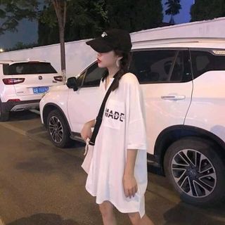 áo thun form dài giấu quần túi in chữ