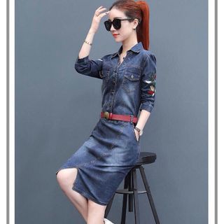 Đầm thêu tay dài jean lụa -