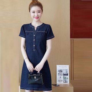 Đầm Jean Suông Cổ V Vai Nhúng Đơn Giản