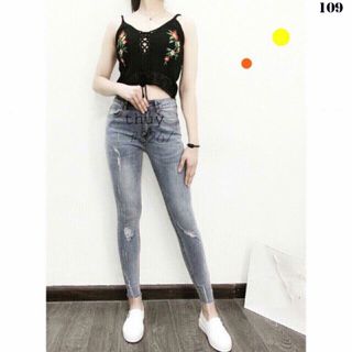 Quần jean nữ lưng cao rách nhẹ
