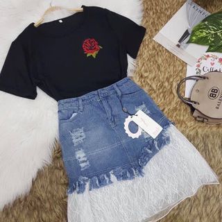 Sét áo thun tay con chân váy jean phối lưới