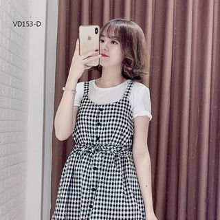 Set Đầm Yếm Caro Phối Áo