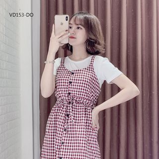 Set Đầm Yếm Caro Phối Áo