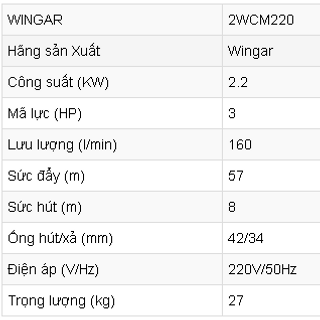 MÁY BƠM NƯỚC WINGAR 2WCM220