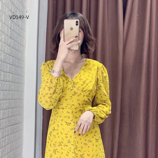 Đầm Hoa Cổ V Tay Bo
