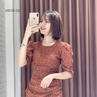 Đầm Hoa Bèo Xếp Eo Tay Phồng