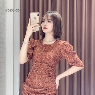 Đầm Hoa Bèo Xếp Eo Tay Phồng