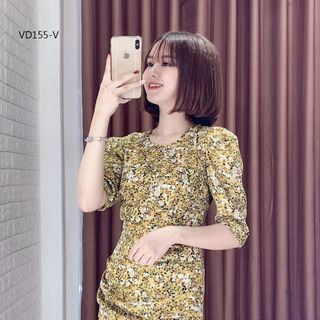 Đầm Hoa Bèo Xếp Eo Tay Phồng