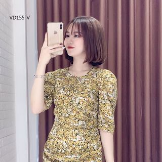 Đầm Hoa Bèo Xếp Eo Tay Phồng