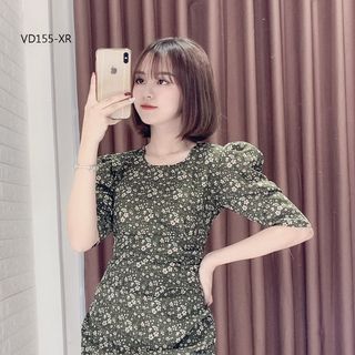 Đầm Hoa Bèo Xếp Eo Tay Phồng