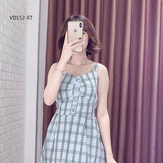 Đầm 2 Dây Caro Nút Bọc