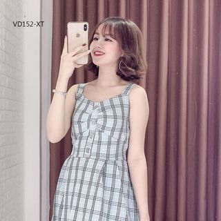 Đầm 2 Dây Caro Nút Bọc