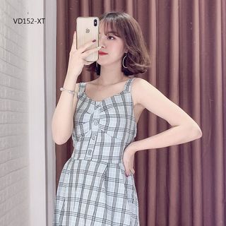 Đầm 2 Dây Caro Nút Bọc