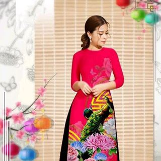 set áo dài chim công hồng sen