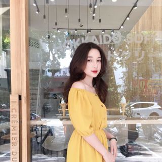 đầm trễ vai 2 màu trắng vàng siêu xinh