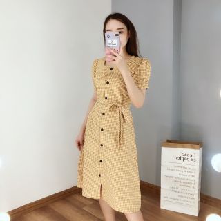đầm caro 5 màu cổ vuông phối nút
