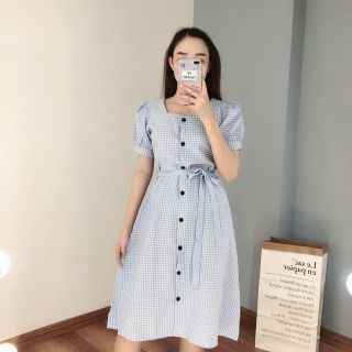 đầm caro 5 màu cổ vuông phối nút