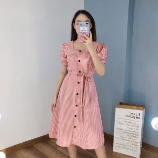 đầm caro 5 màu cổ vuông phối nút