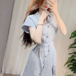 ĐẦM SỌC CỔ SƠ MI KÈM DÂY BUỘC EO
