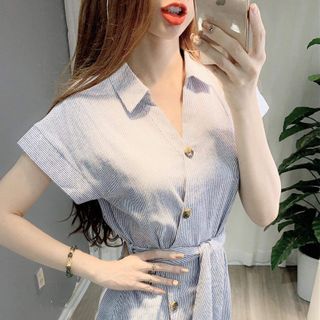 ĐẦM SỌC CỔ SƠ MI KÈM DÂY BUỘC EO