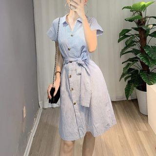 ĐẦM SỌC CỔ SƠ MI KÈM DÂY BUỘC EO