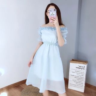 đầm trễ vai 2 màu trắng xanh siêu xinh