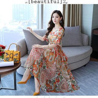 ĐẦM KIỂU MAXI DẠO PHỐ ĐI BIỂN ĐẦM XÒE NHÚN EO TAY LOE IN HỌA TIẾT D1584 285