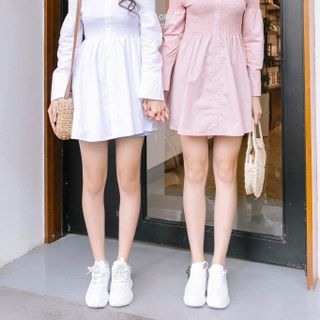 đầm trễ vai cặp đôi 2 màu hồng trắng