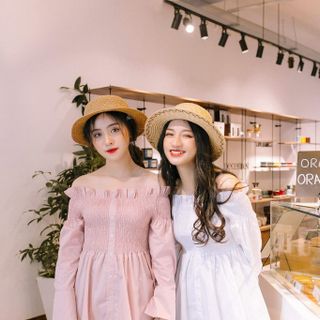 đầm trễ vai cặp đôi 2 màu hồng trắng