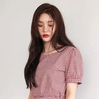 đầm caro cổ vuông tà đắp chéo