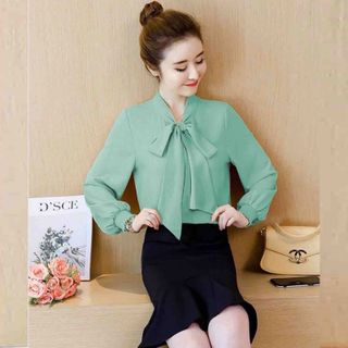 Áo Sơ Mi Cổ Nơ Tay Bo Phồng Công Sở