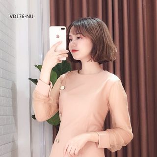 ĐẦM DỰ TIỆC TAY LƯỚI PHỐI NÚT