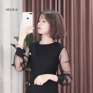 ĐẦM DỰ TIỆC TAY LƯỚI PHỐI NÚT