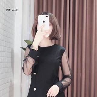 ĐẦM DỰ TIỆC TAY LƯỚI PHỐI NÚT