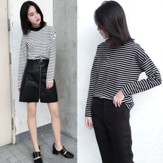 Áo thun nữ tay dài phối sọc ngang cá tínhphôm rộng 124