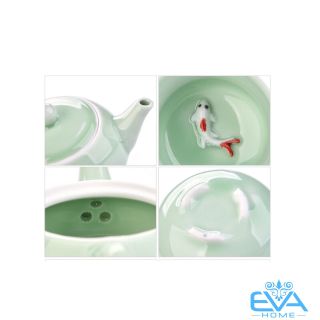 Bộ Ấm Chén Trà Men Ngọc Cá 3D