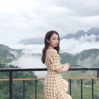 đầm caro trễ vai xòe