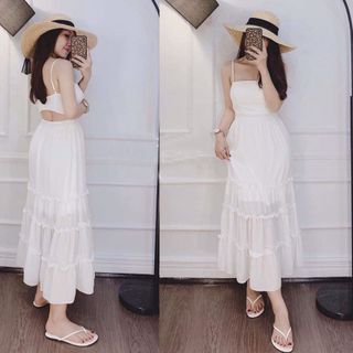 đầm maxi 2 dây nhiều tầng