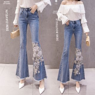 Quần jean ống le kết hợp hoa vải voan hàng độc lạ không đụng hàng 103